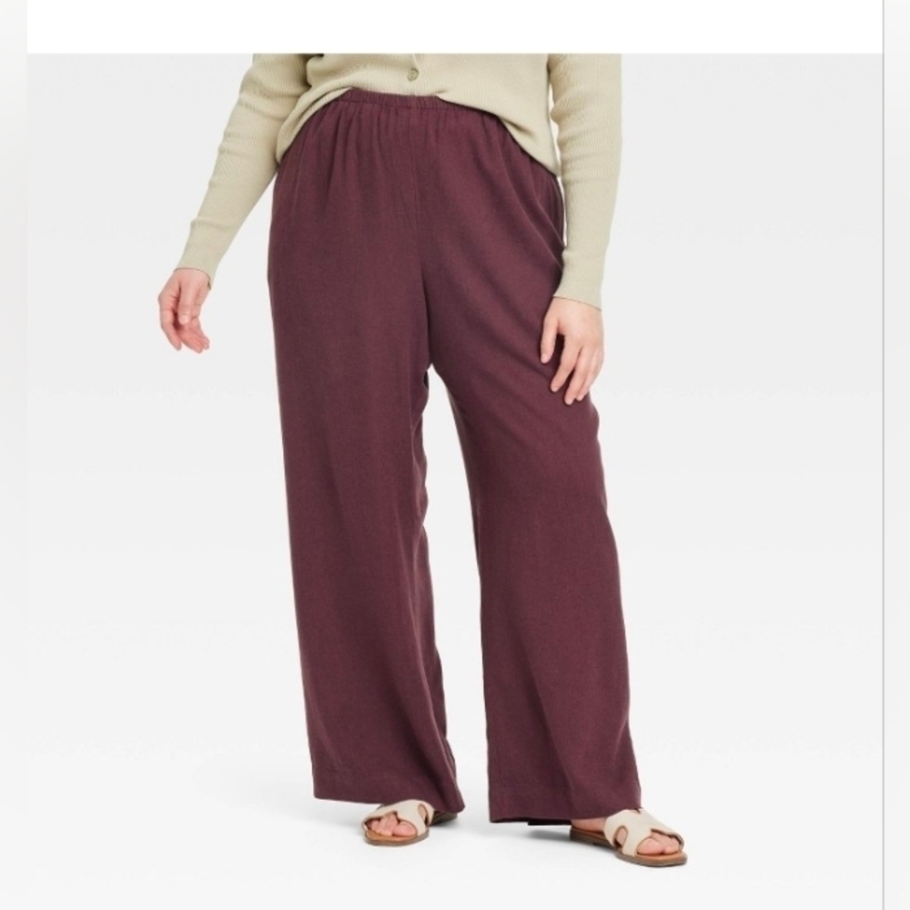 A New Day Women's Mid-Rise Wide Leg Linen Pull On Pants Seam Pocket
